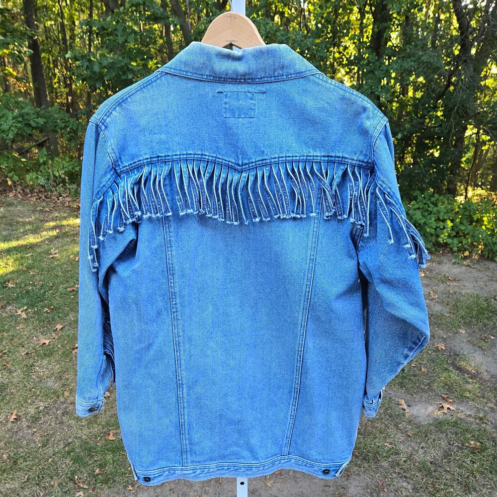 Vintage Learsi 90's Denim Jacket Fringe Yoke Arms 100% Cotton Faded size Small - Picture 6 of 15